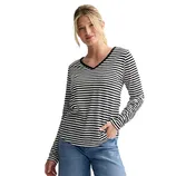 A woman wearing a black and white striped long-sleeve V-neck shirt paired with light blue jeans.