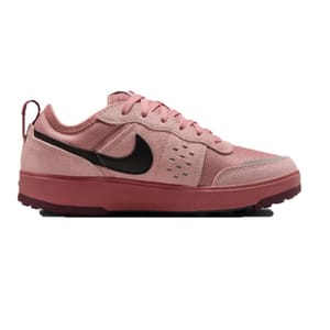 A pink and black Nike sneaker featuring a mesh and suede upper with a distinct swoosh logo, set on a pink sole.