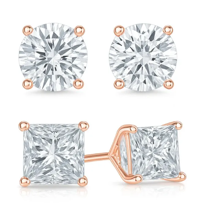 Two pairs of stud earrings with rose gold settings are shown: one set features round-cut gems and the other set features square-cut gems.