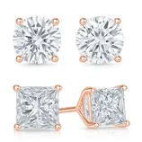 Two pairs of stud earrings with rose gold settings are shown: one set features round-cut gems and the other set features square-cut gems.