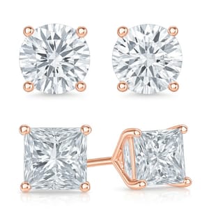 Two pairs of stud earrings with rose gold settings are shown: one set features round-cut gems and the other set features square-cut gems.