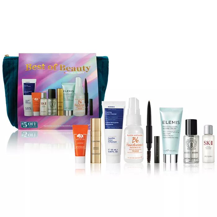 9-piece Macy's Best of Beauty Set includes Origins GinZing, Lancôme Génifique, Korres Foaming Cleanser, Bumble and bumble Hairdresser's Invisible Oil, Anastasia Beverly Hills Brow Wiz, Elemis Pro-Collagen Marine Cream, Bobbi Brown Soothing Cleansing Oil, and SK-II Facial Treatment Essence.
