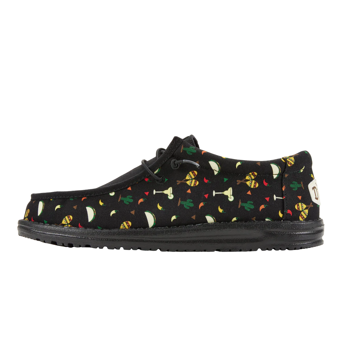 Black Hey Dude Wally Fiesta shoes with multicolor playful patterns including sombreros, cacti, and margaritas, featuring a lace-up design and lightweight sole.