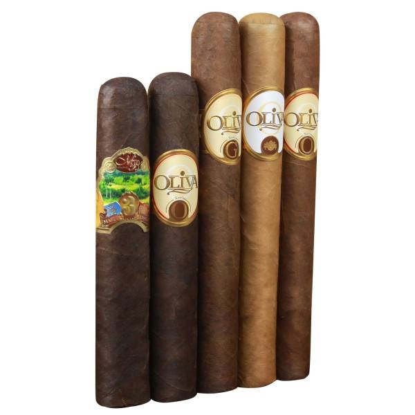 5-pack of Oliva cigars featuring varied wrapper colors from dark to light, each with distinctive bands. Labels indicate different series within the brand, showcasing a selection of premium cigars with diverse flavors and strengths.