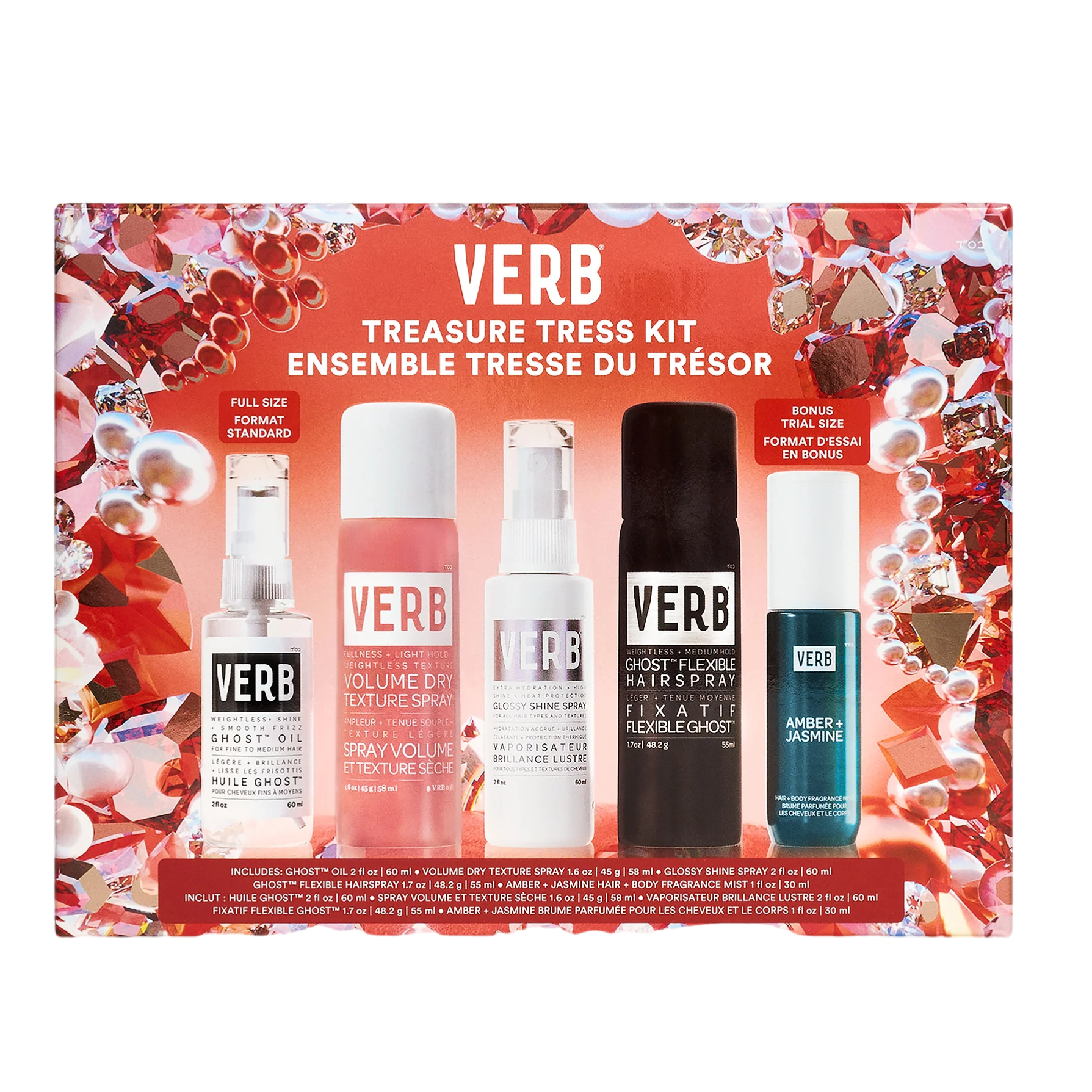 VERB Treasure Tress Kit includes Ghost Oil, Volume Dry Texture Spray, Glossy Shine Spray, Ghost Flexible Hairspray, and Amber + Jasmine Hair Fragrance.