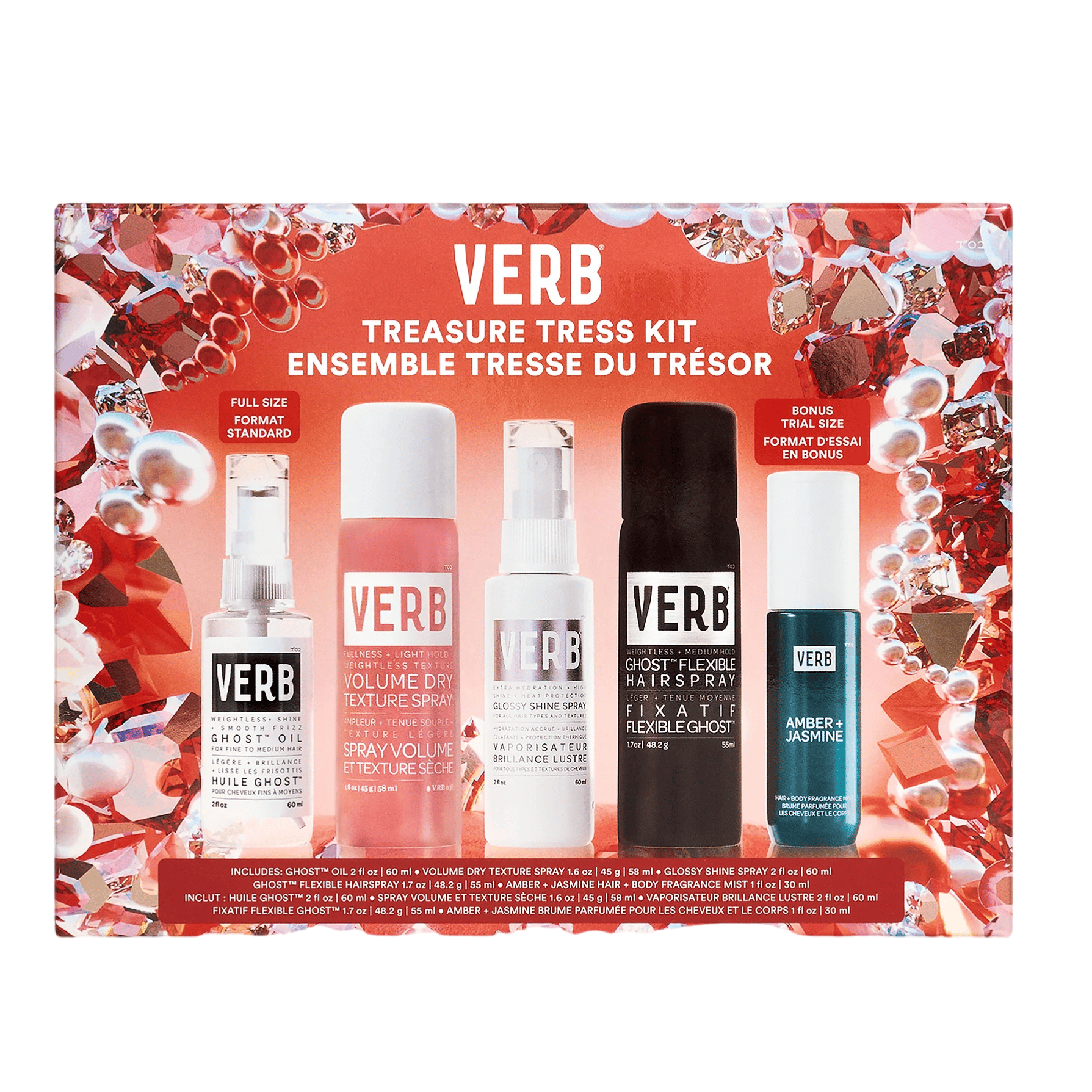 VERB Treasure Tress Kit includes Ghost Oil, Volume Dry Texture Spray, Glossy Shine Spray, Ghost Flexible Hairspray, and Amber + Jasmine Hair Fragrance.