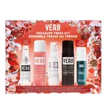 VERB Treasure Tress Kit includes Ghost Oil, Volume Dry Texture Spray, Glossy Shine Spray, Ghost Flexible Hairspray, and Amber + Jasmine Hair Fragrance.