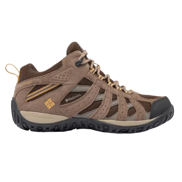 Brown Columbia hiking shoe with a rugged tread, mesh and leather upper, and lace-up closure.