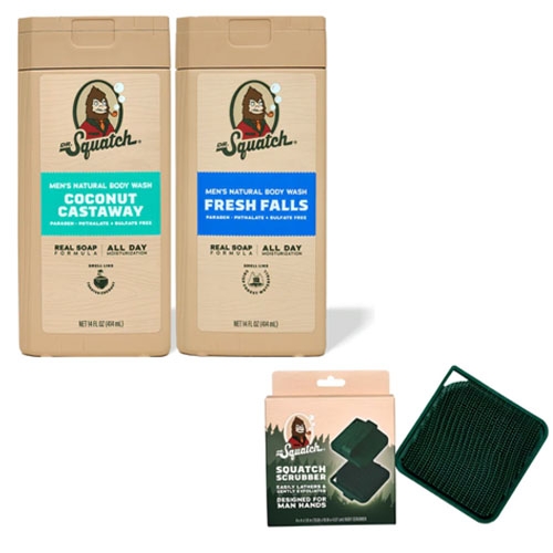 Men's natural body wash in \“Coconut Castaway\“ and \“Fresh Falls\“ scents, along with a Squatch Scrubber cleaning tool.