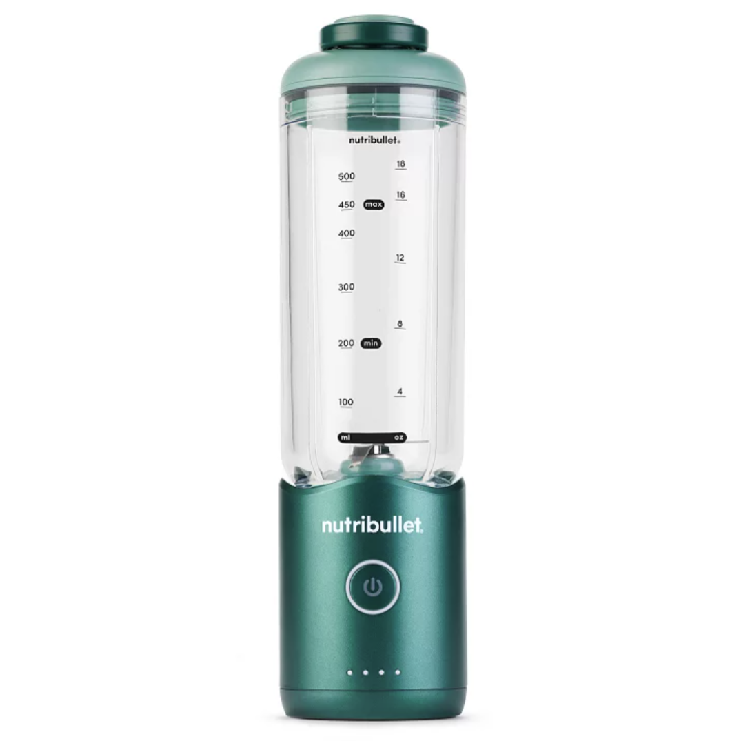 Nutribullet portable blender in teal with a transparent container featuring measurement markers, and a power button on the base.