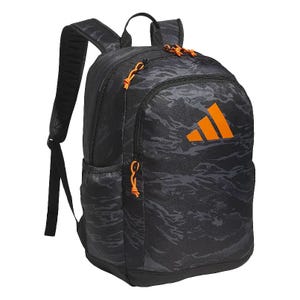 A black and gray camo-patterned backpack with orange accents and an orange Adidas logo. It features multiple compartments and adjustable padded shoulder straps.