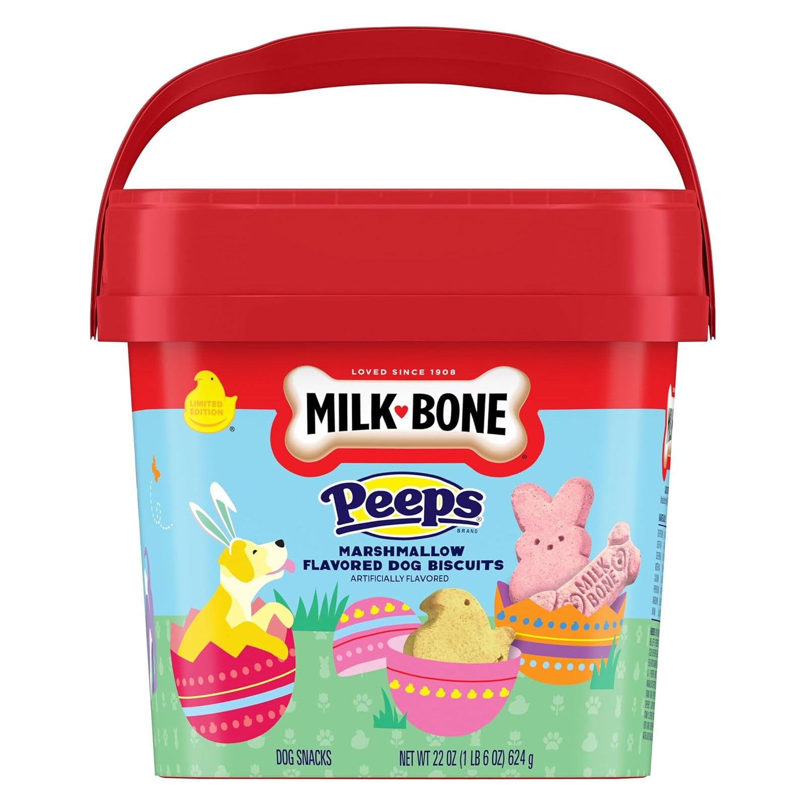 Milk-Bone Peeps Easter Dog Treats are marshmallow-flavored dog biscuits in a 22 oz red container. The packaging features colorful Easter-themed illustrations, including bunnies and decorated eggs, highlighting its limited edition status.