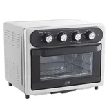 A countertop convection oven with an air fry function, featuring four control knobs for temperature, function, time, and air frying. It has a transparent front door and a metal rack inside.