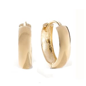 A pair of gold hoop earrings with a smooth, polished surface are shown, featuring a rounded, slightly thicker design.