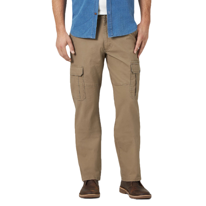 Khaki cargo pants with side pockets, paired with a blue shirt and brown shoes.