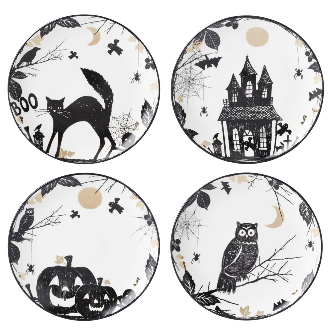 Set of four Halloween-themed plates featuring black cat, haunted house, carved pumpkins, and owl designs with spiders, bats, and crescent moons in a black, white, and beige color scheme.
