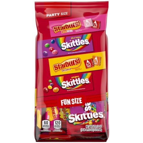 A large red bag labeled \“Party Size\“ containing smaller packs of original Skittles, each labeled \“Fun Size\“ with a calorie count per pack.