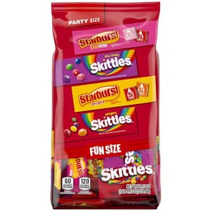 A large red bag labeled \“Party Size\“ containing smaller packs of original Skittles, each labeled \“Fun Size\“ with a calorie count per pack.