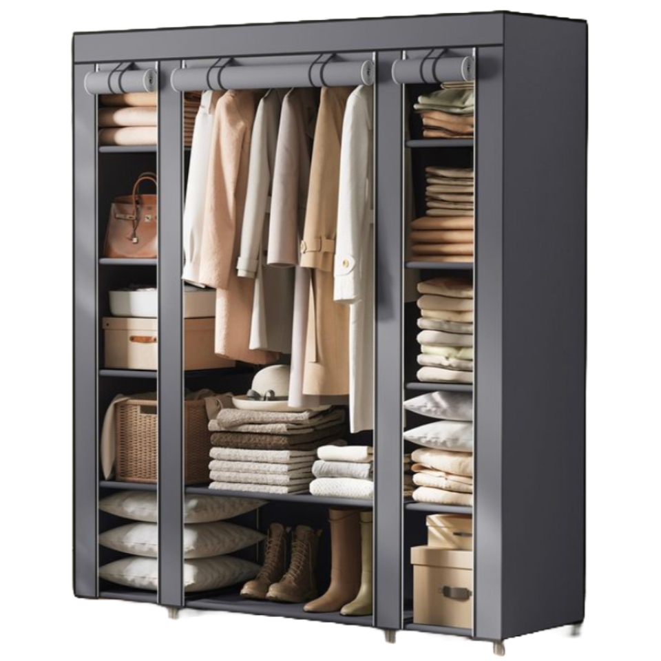 A wardrobe with three sections: hanging clothes in the center, folded clothes and a bag on the left, and stacked items on the right.