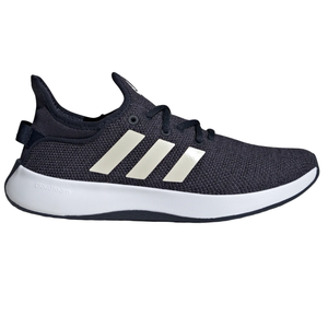 Adidas Cloudfoam Pure Shoes feature a sleek design with a breathable dark mesh upper, three white stripes on the side, and a white, cushioned Cloudfoam midsole for comfort.
