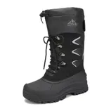 A black winter boot with laces and a high cuff, designed for cold and snowy conditions, featuring a rugged sole and reflective detailing for visibility.