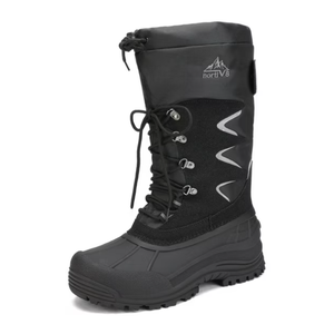 A black winter boot with laces and a high cuff, designed for cold and snowy conditions, featuring a rugged sole and reflective detailing for visibility.