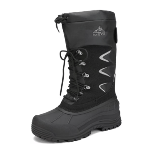 A black winter boot with laces and a high cuff, designed for cold and snowy conditions, featuring a rugged sole and reflective detailing for visibility.