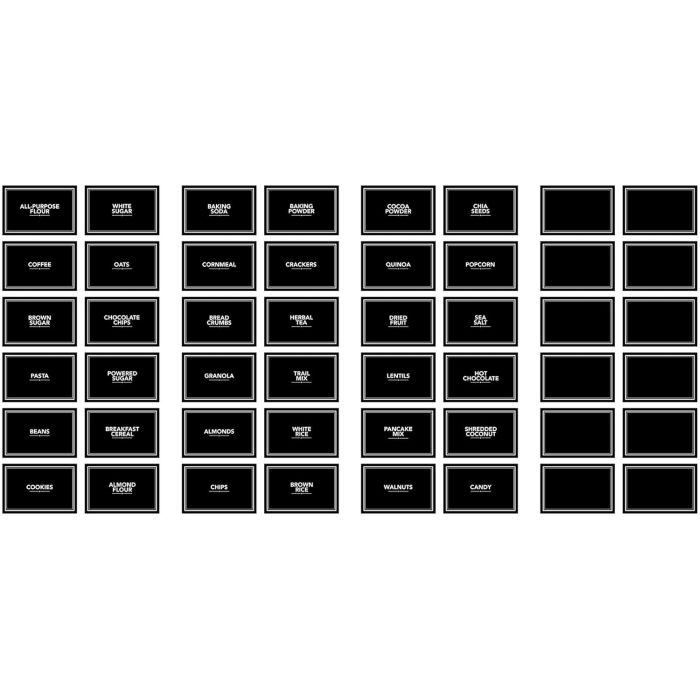 Labels for pantry items include all-purpose flour, white sugar, baking powder, cocoa powder, quinoa, and popcorn, among others like coffee, oats, crackers, lentils, and candy.