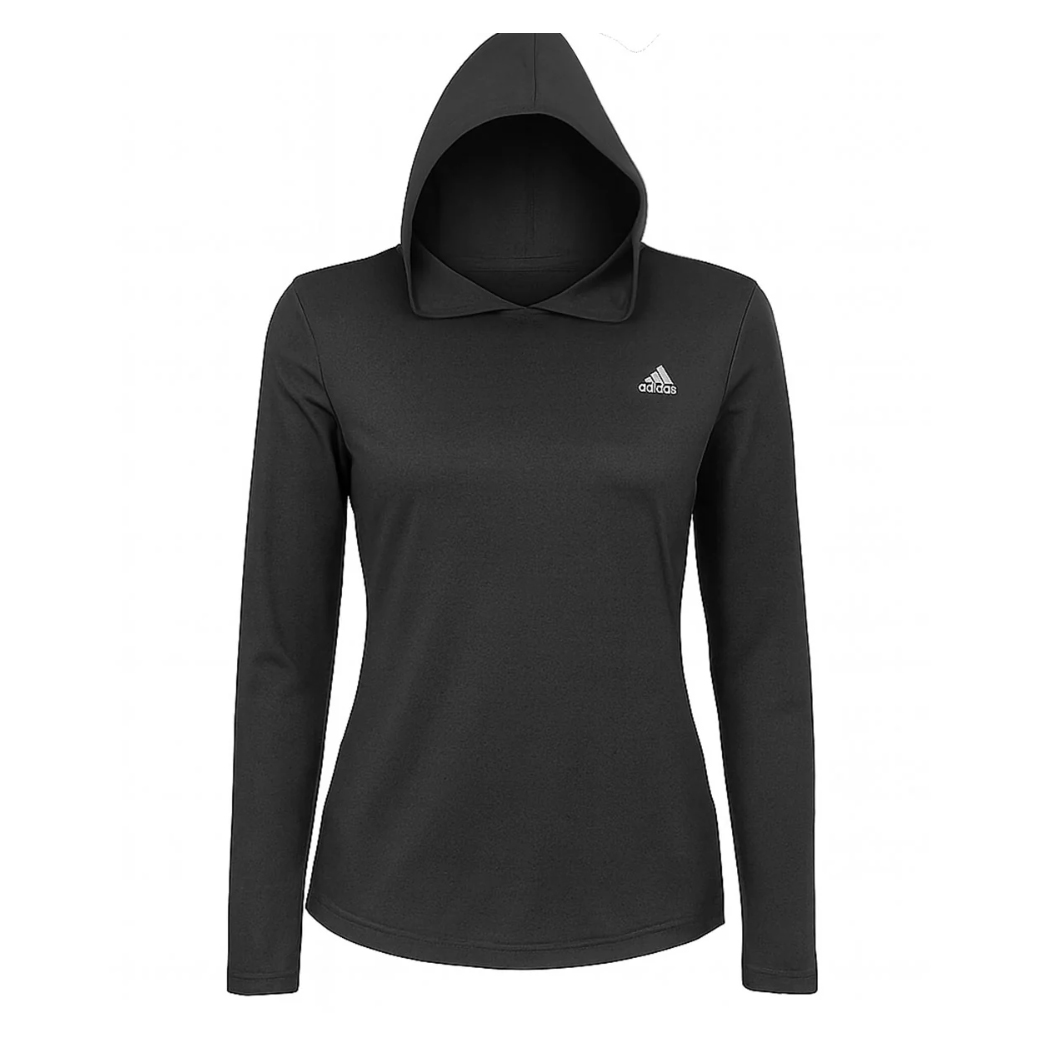 A black Adidas hoodie with a small, white logo on the chest. It features long sleeves and a fitted design.