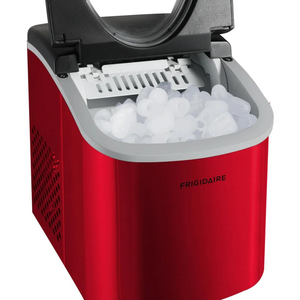 A red portable ice maker filled with bullet-shaped ice cubes.