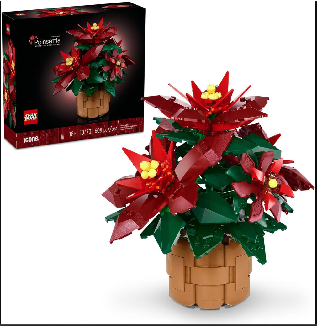 LEGO Icons set featuring a poinsettia plant, part of the Botanical Collection, with 608 pieces. The model showcases red flowers and green leaves in a brown pot.