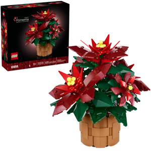 LEGO Icons set featuring a poinsettia plant, part of the Botanical Collection, with 608 pieces. The model showcases red flowers and green leaves in a brown pot.