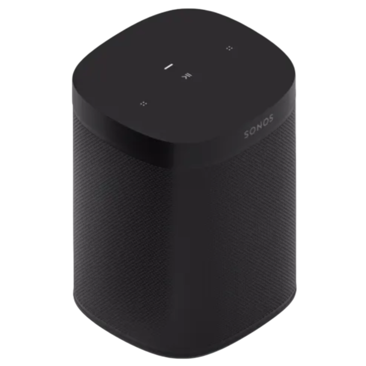 A black Sonos smart speaker featuring touch controls on top, with a sleek, rounded design suitable for playing music and integrating with smart home systems.