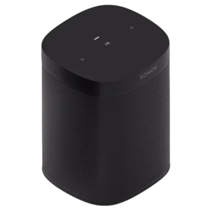 A black Sonos smart speaker featuring touch controls on top, with a sleek, rounded design suitable for playing music and integrating with smart home systems.