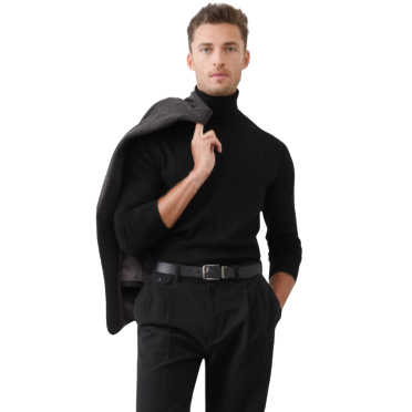 A man wears a black turtleneck paired with black pants, accessorized with a black belt, with a jacket draped over his shoulder.