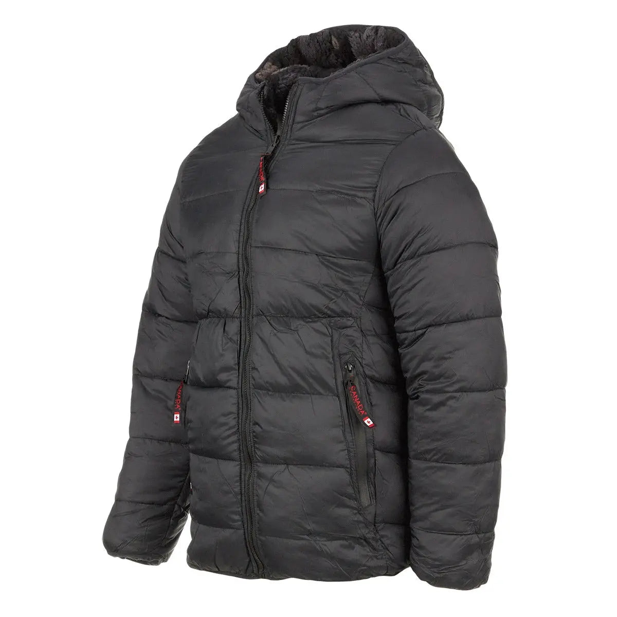 A black quilted jacket with a hood and red zipper details, notably reversible for versatility in styling.