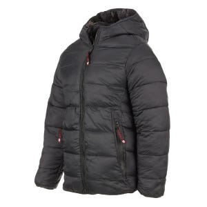 A black quilted jacket with a hood and red zipper details, notably reversible for versatility in styling.