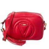 A red leather crossbody bag with a prominent V logo on the front, featuring gold-tone accents and a tassel detail.
