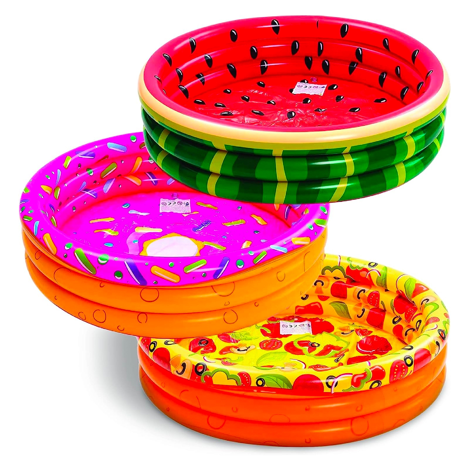 Three inflatable kiddie pools with fruit designs: watermelon, orange, and citrus slices.