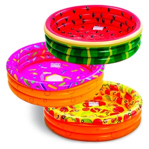 Three inflatable kiddie pools with fruit designs: watermelon, orange, and citrus slices.