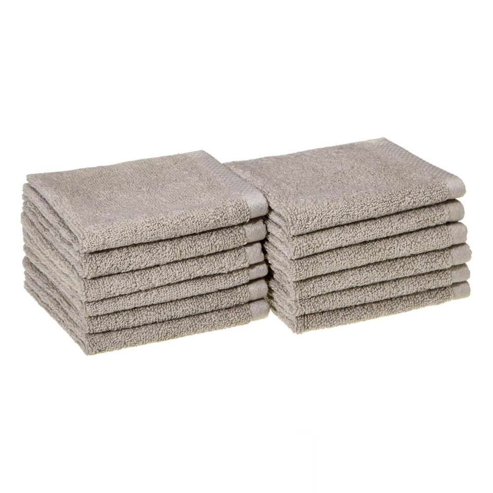 Stack of brown washcloths neatly folded.