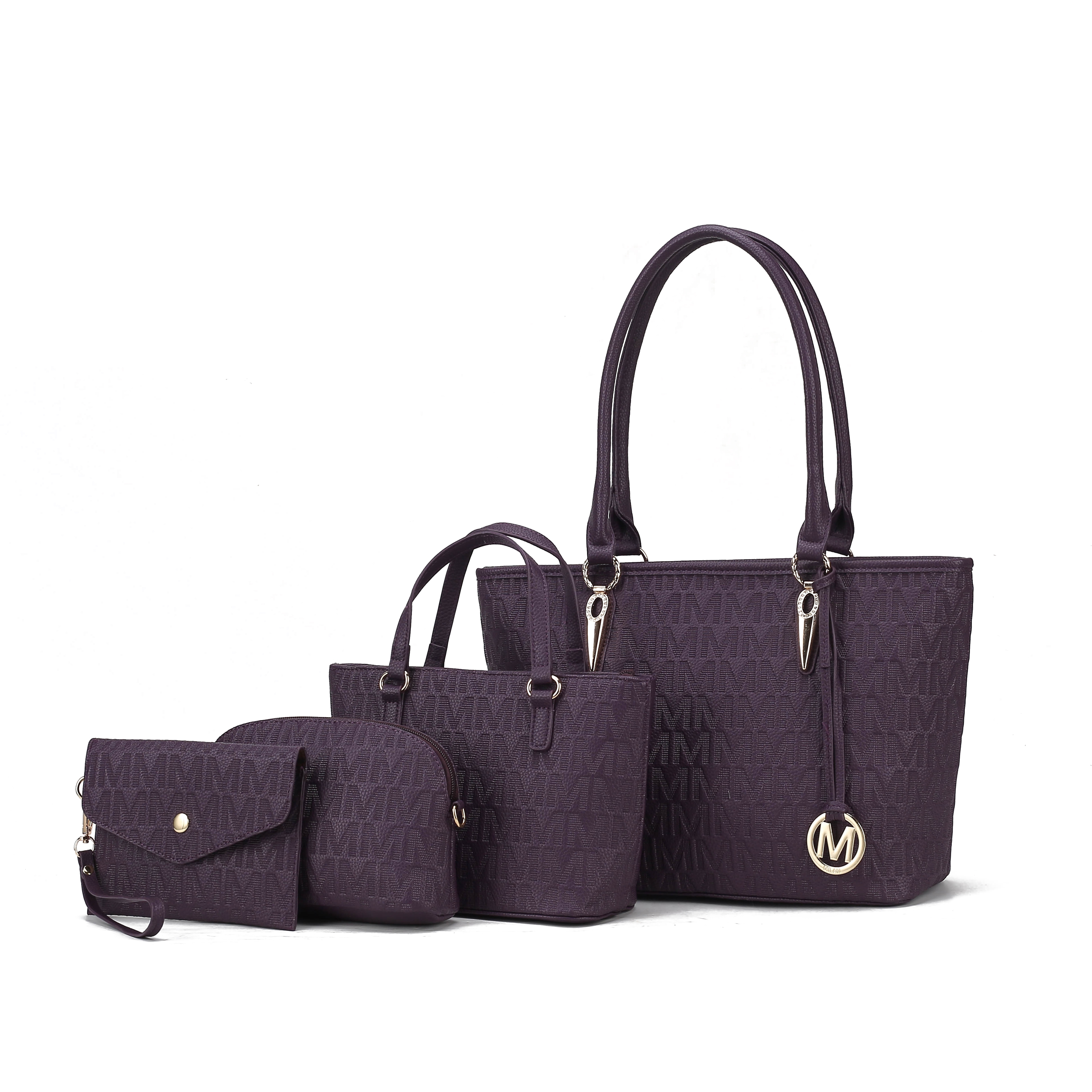 Three matching purple handbags with monogram pattern and brand logo detailing.