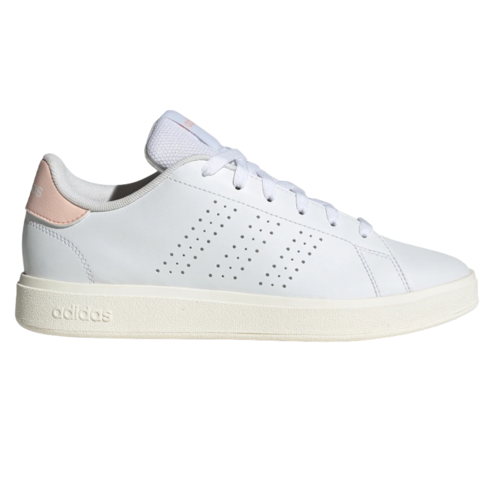A white Adidas sneaker featuring a perforated stripe design, white laces, and a light pink heel accent.