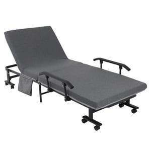 A gray rollaway folding guest bed with a metal frame, padded mattress, adjustable backrest, armrests, and wheels for mobility.