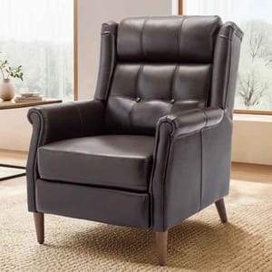 Brown tufted faux-leather recliner with button accents and padded armrests, featuring sleek wooden legs on a light-colored textured rug in a bright room with large windows.