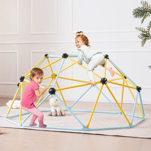 VEVOR Climbing Dome is a colorful, geometric play structure with yellow and blue bars, designed for children to climb. It sits on a striped rug indoors and includes black connectors to stabilize its frame.
