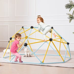 VEVOR Climbing Dome is a colorful, geometric play structure with yellow and blue bars, designed for children to climb. It sits on a striped rug indoors and includes black connectors to stabilize its frame.