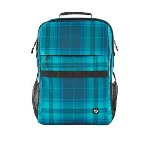 A teal plaid HP laptop backpack with a front zipper pocket, a top handle, side mesh pockets, and an HP logo at the bottom right corner.