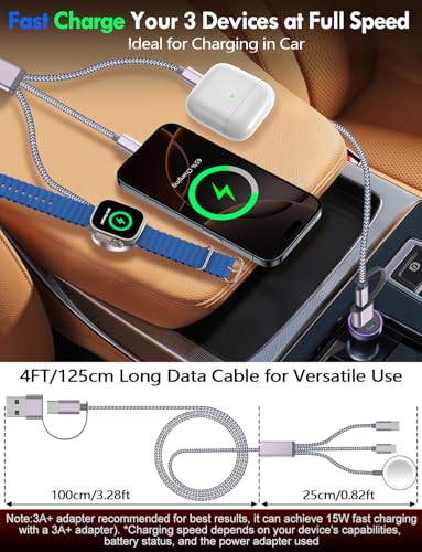Fast charger for three devices, ideal for car use, featuring a 4FT/125cm long data cable.