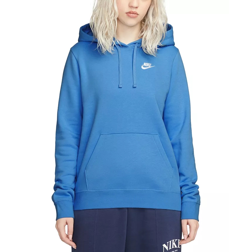 Blue Nike women's hoodie with a drawstring hood, kangaroo pocket, and small white Nike logo on the chest.